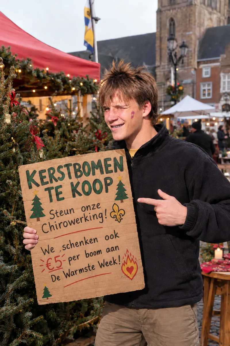 Een Aspi+ met een kartonnen bord: kerstbomen te koop, €5 per boom voor De Warmste Week